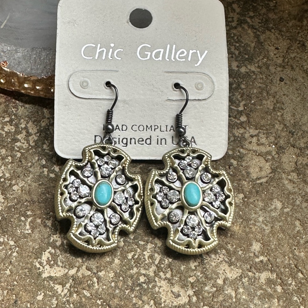 Two Tone Turquoise Rhinestone Dangle Earrings - Picture 3 of 6